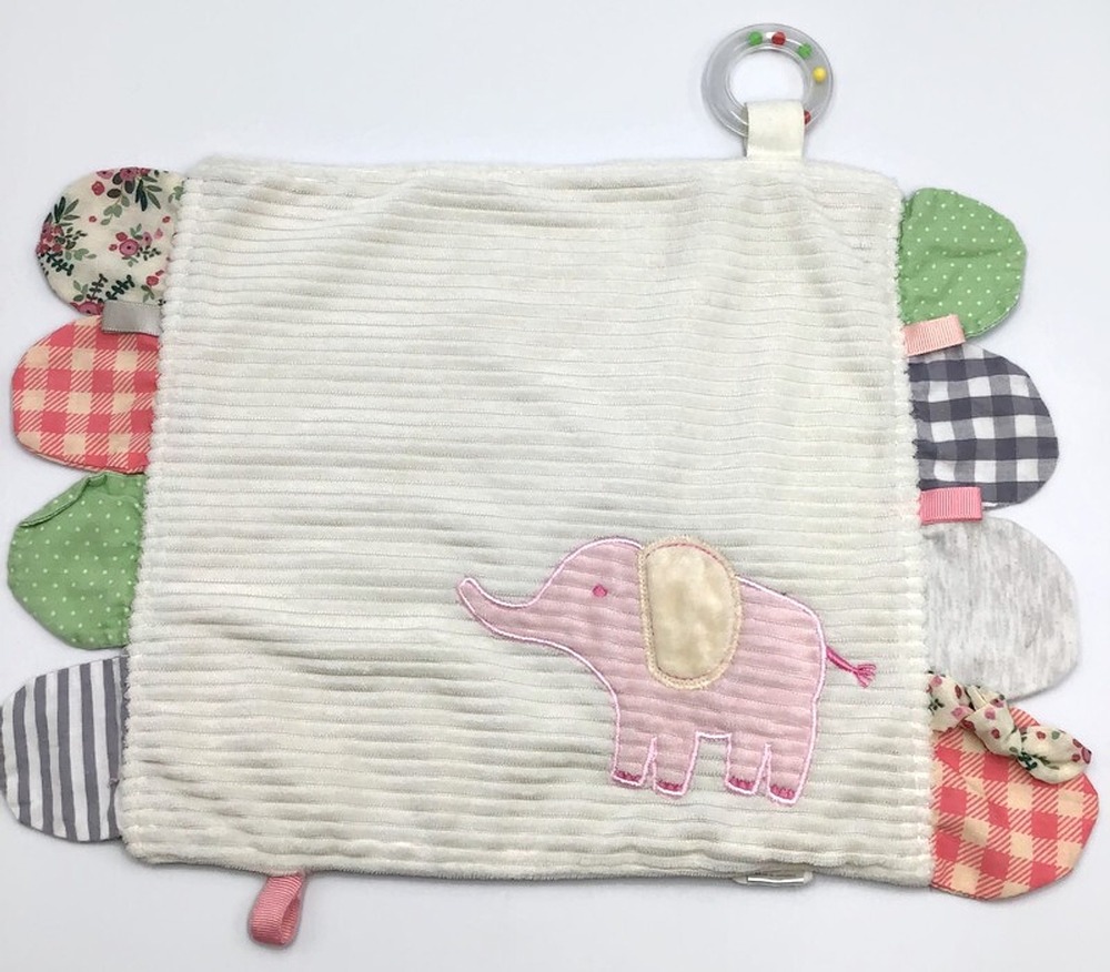 Modern Baby Security Blanket Pink Elephant Corduroy Teether Crinkle 13”x12”